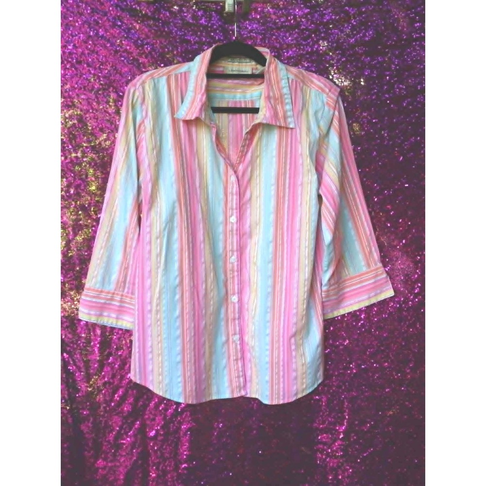 Dopamine Striped Button Down XL Lemon Grass Women Stretch 3/4 Sleeve Shirt